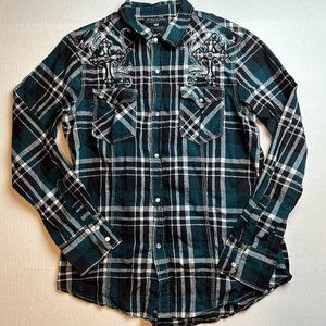 Pop Icon Clothing Men's Button Down Shirt with Embellishment Green Size Large